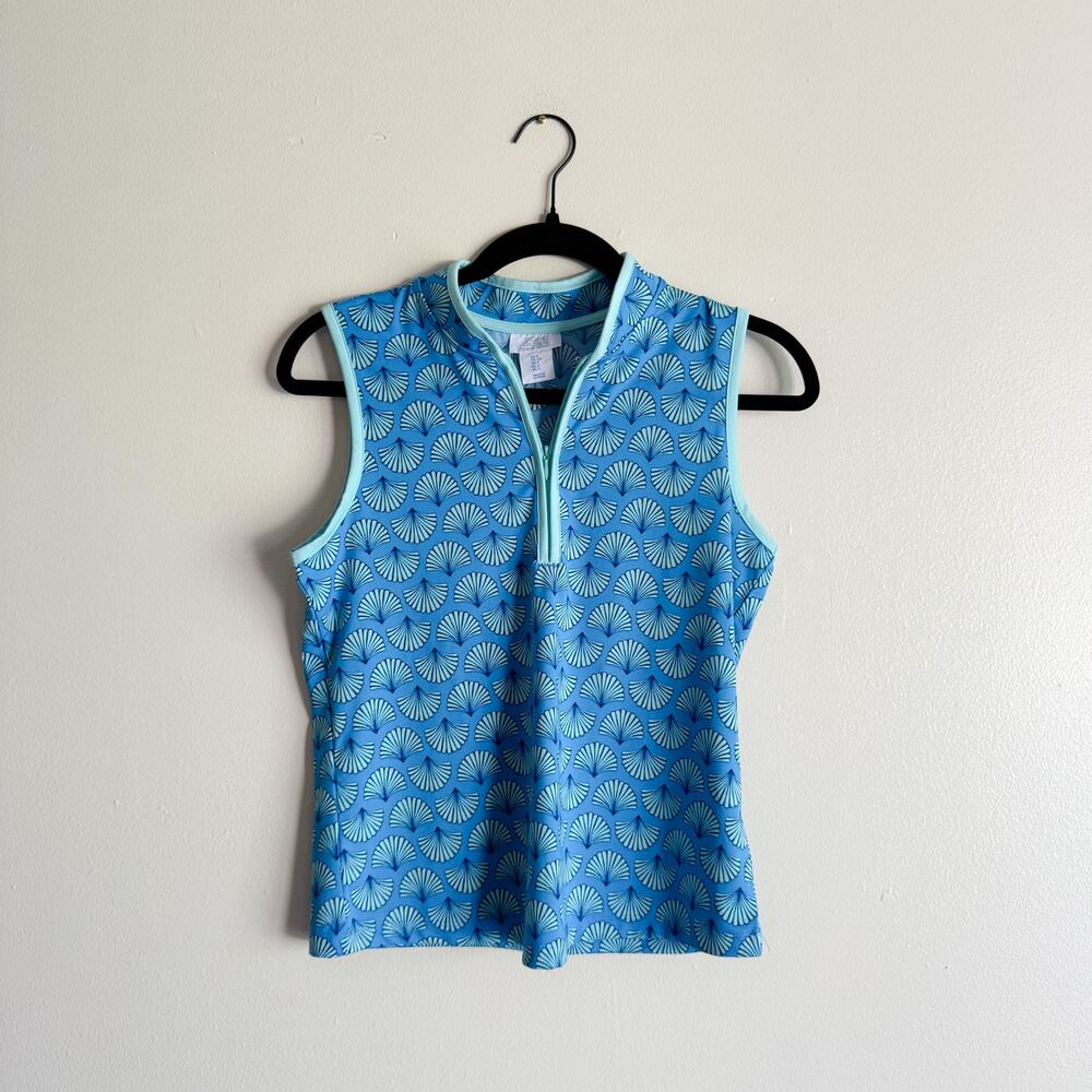Sigrid Olsen Blue Palm Fan Print Sleeveless Golf Tennis Zip Top - Small